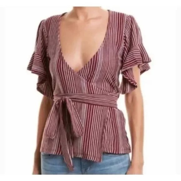 Free People Tops - NWT!!!❤️FREE PEOPLE VERTICALLY STRIPED RUFFLED SLEEVE  DEEP V-NECK BLOUSE🤍